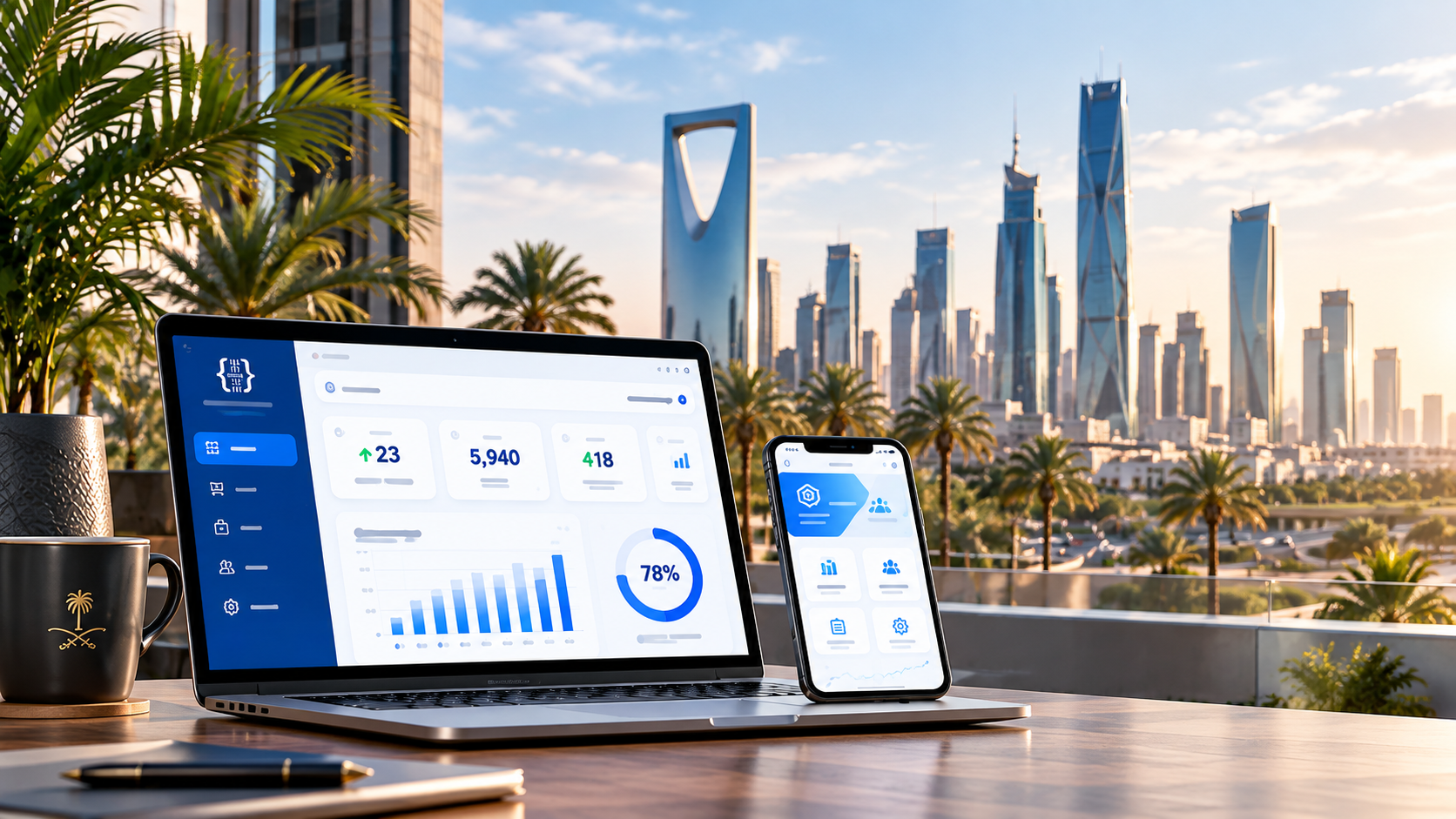 حاسوب وتطبيق جوال وحلول تقنية مع أفق مدينة الرياض